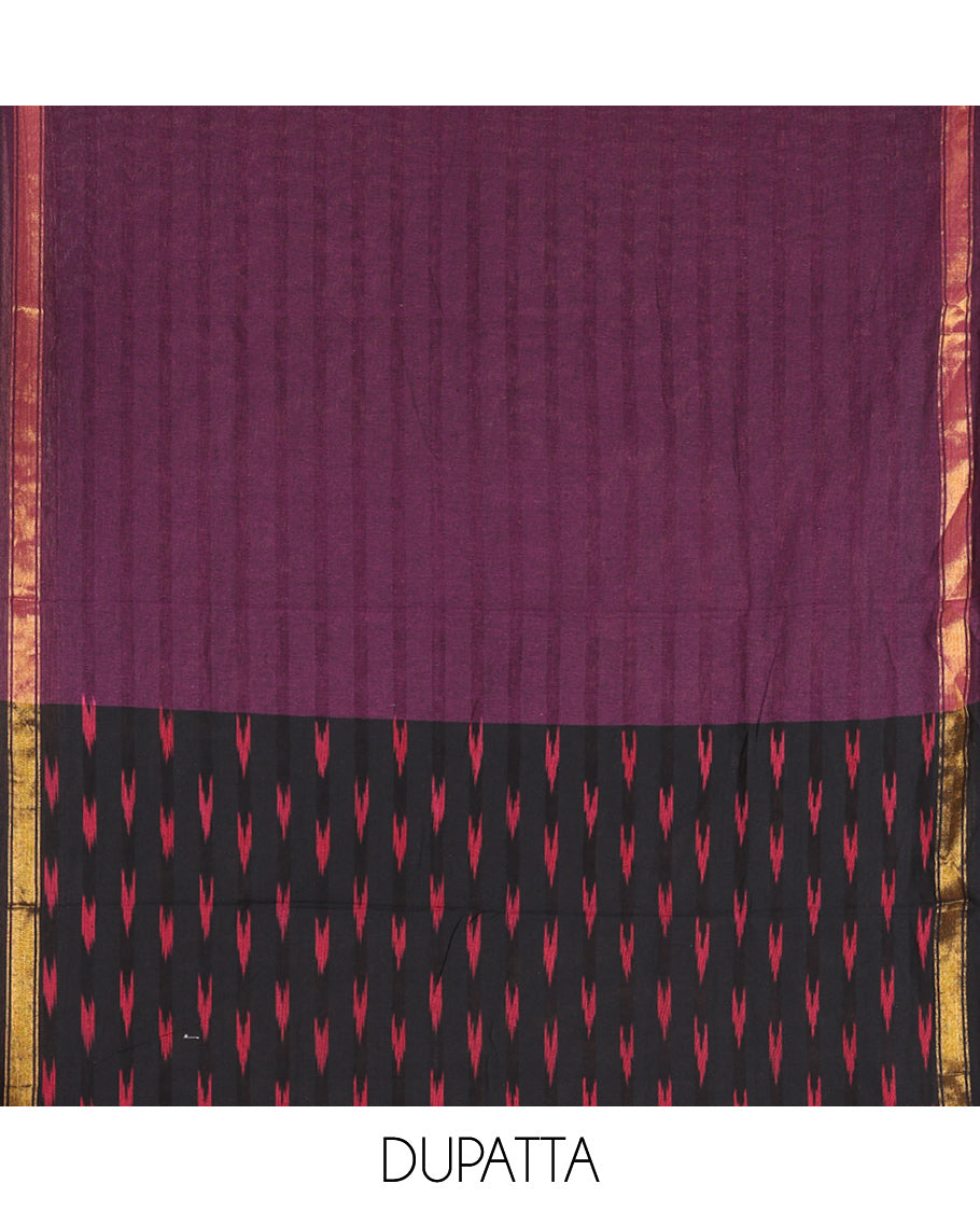 Black-Dark Purple Pure Cotton Saree Material Chudidar Ikat Buttas Top, a Contrast Bottom, and Ikat Buttas Dupatta