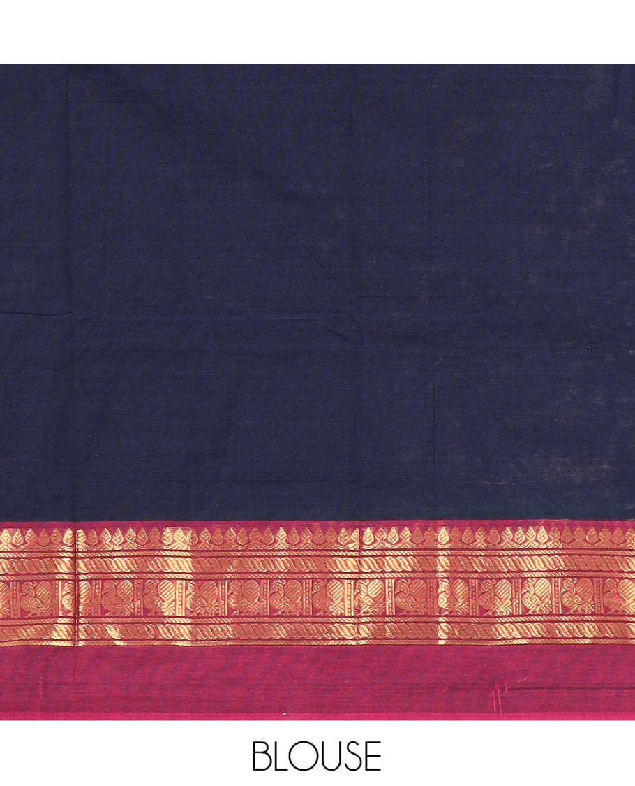 Navy Blue Plain Chettinad Cotton Saree, a Contrast Ganga-Jamuna Traditional Zari Border, Striped Pallu, a Matching Blouse
