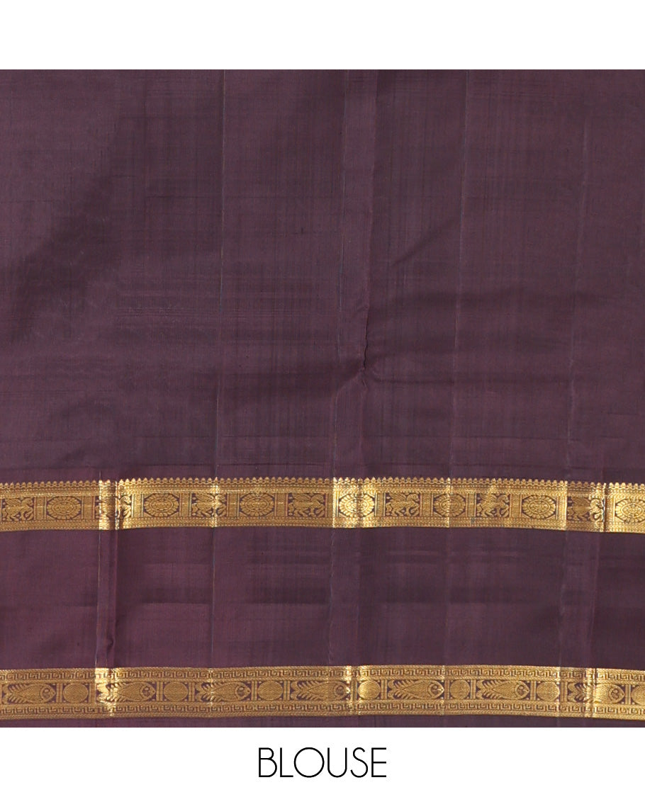 Green Checked Kanchipuram Silk Saree, a Contrast Rettai Pettu Temple Border of Chakram and Kuthirai Designs, Traditional Pallu, and Contrast Blouse