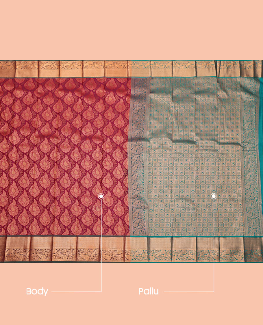 Maroon Budget Silk Saree, Woven with a Jacquard Design, Complemented by a Contrast Traditional Zari Border, Grand Pallu, and Contrast Blouse