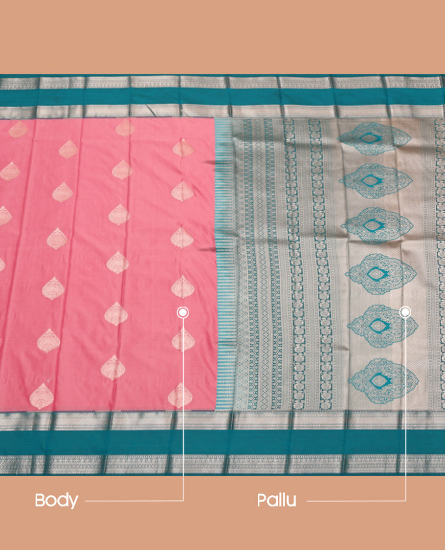 Pink Budget Silk Saree, Adorned with Zari Buttas, Complemented by a Contrast Rettai Pettu Traditional Zari Border, Grand Pallu, and Contrast Blouse