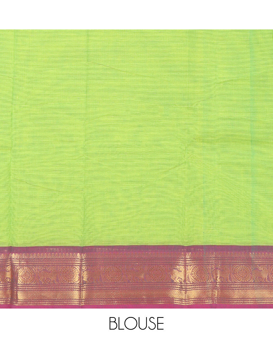 Parrot Green Chettinad Cotton Saree, Finely Crafted with Thread Buttas All Over Its Body, Complemented by a Contrast Traditional Zari Design Woven Border, Pallu of Stripes and Buttas, and Paired with a Matching Blouse