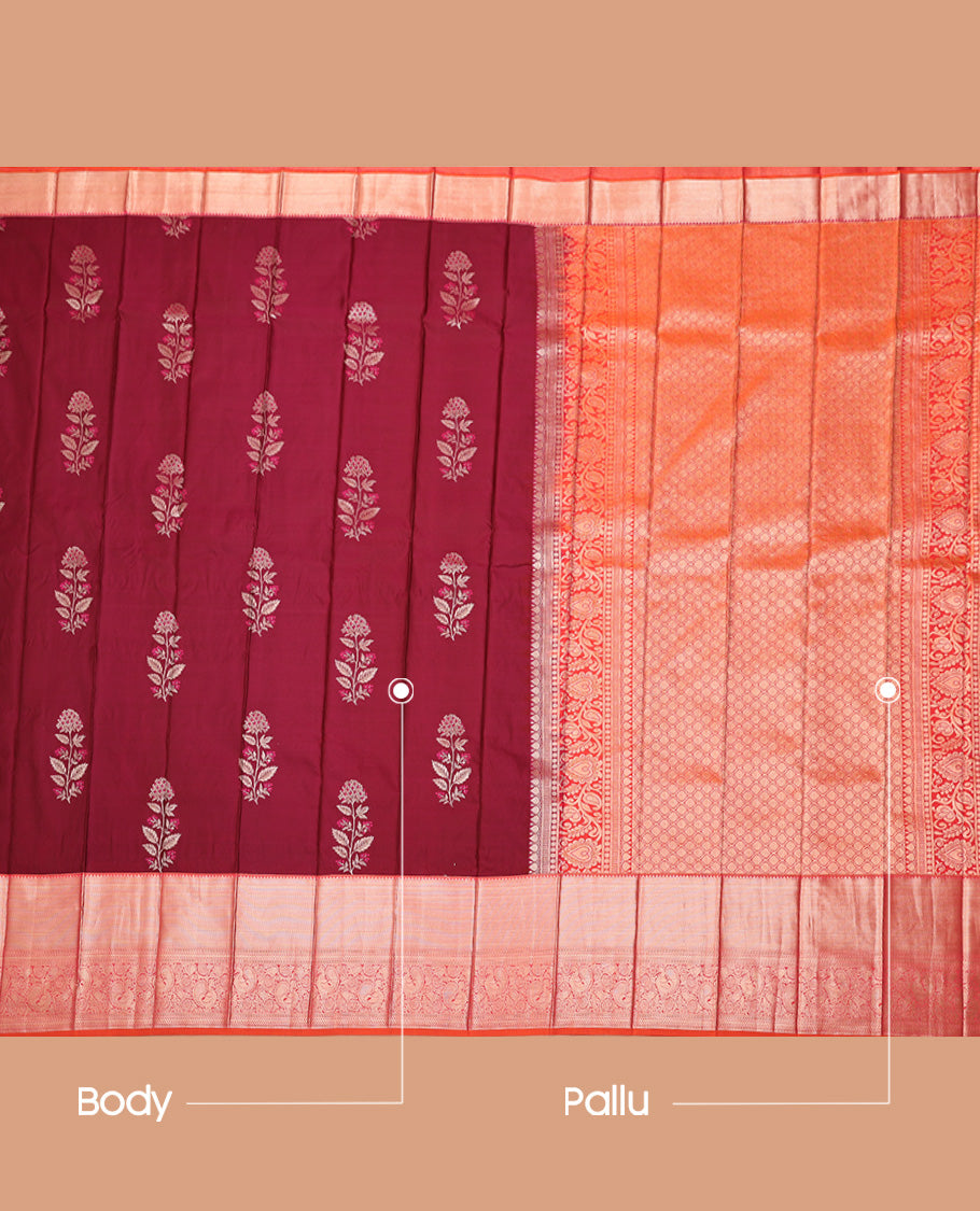 Wine Budget Silk Saree, Embellished with Floral Buttas All Over Its Body, Complemented by a Contrast Traditional Zari Border, Grand Jaal Pallu, and Paired with a Contrast Blouse