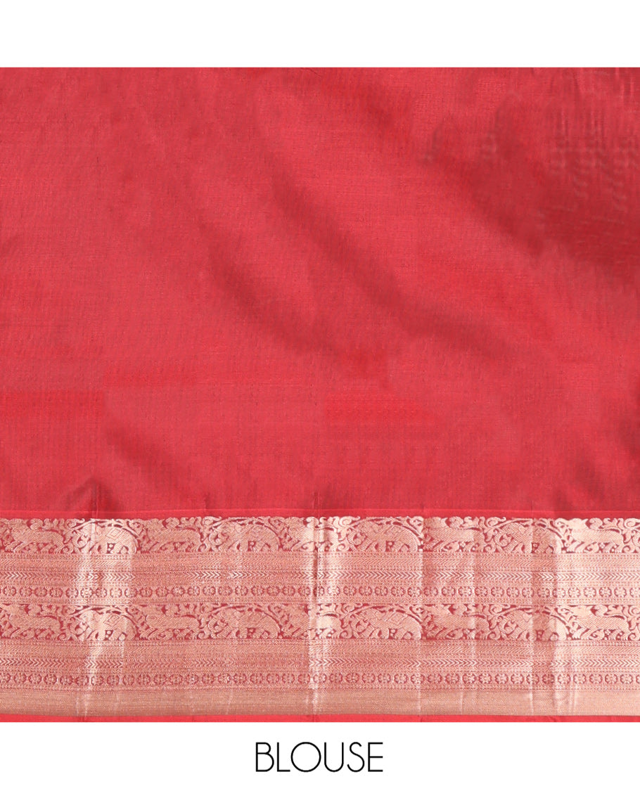 Grey Vasundhara Silk Saree, Sparsely Woven with Zari Buttas All Over Its Body, Complemented by a Contrast Border of Yaali, Yaanai, Neli, Banaras, Kathir, and Kamalam Designs, Grand Pallu, and Paired with a Contrast Blouse
