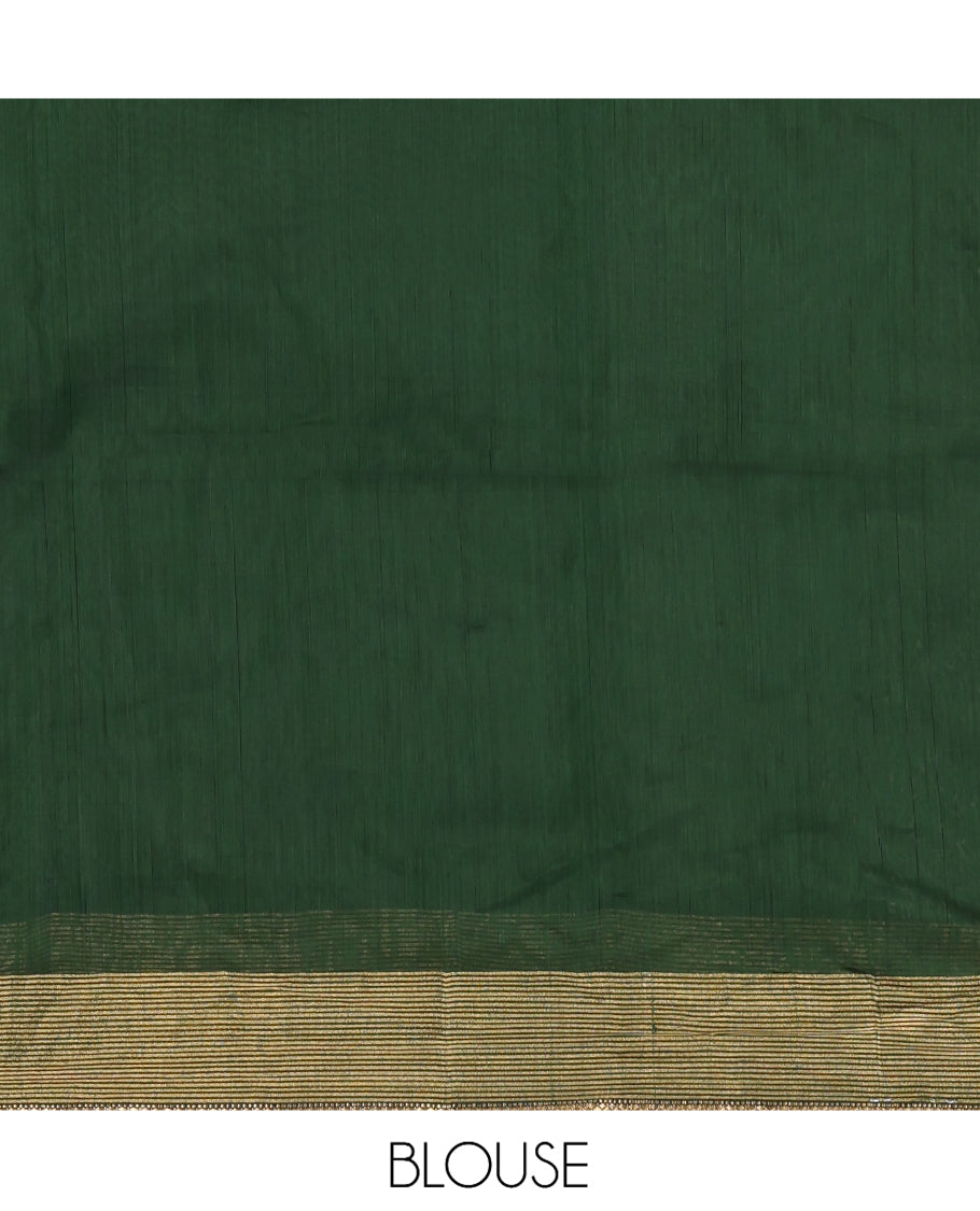 Green Maheshwari Cotton Saree, Accentuated with Buttas, a Contrast Traditional Zari Border, Gleaming Zari Woven Pallu, and a Matching Blouse
