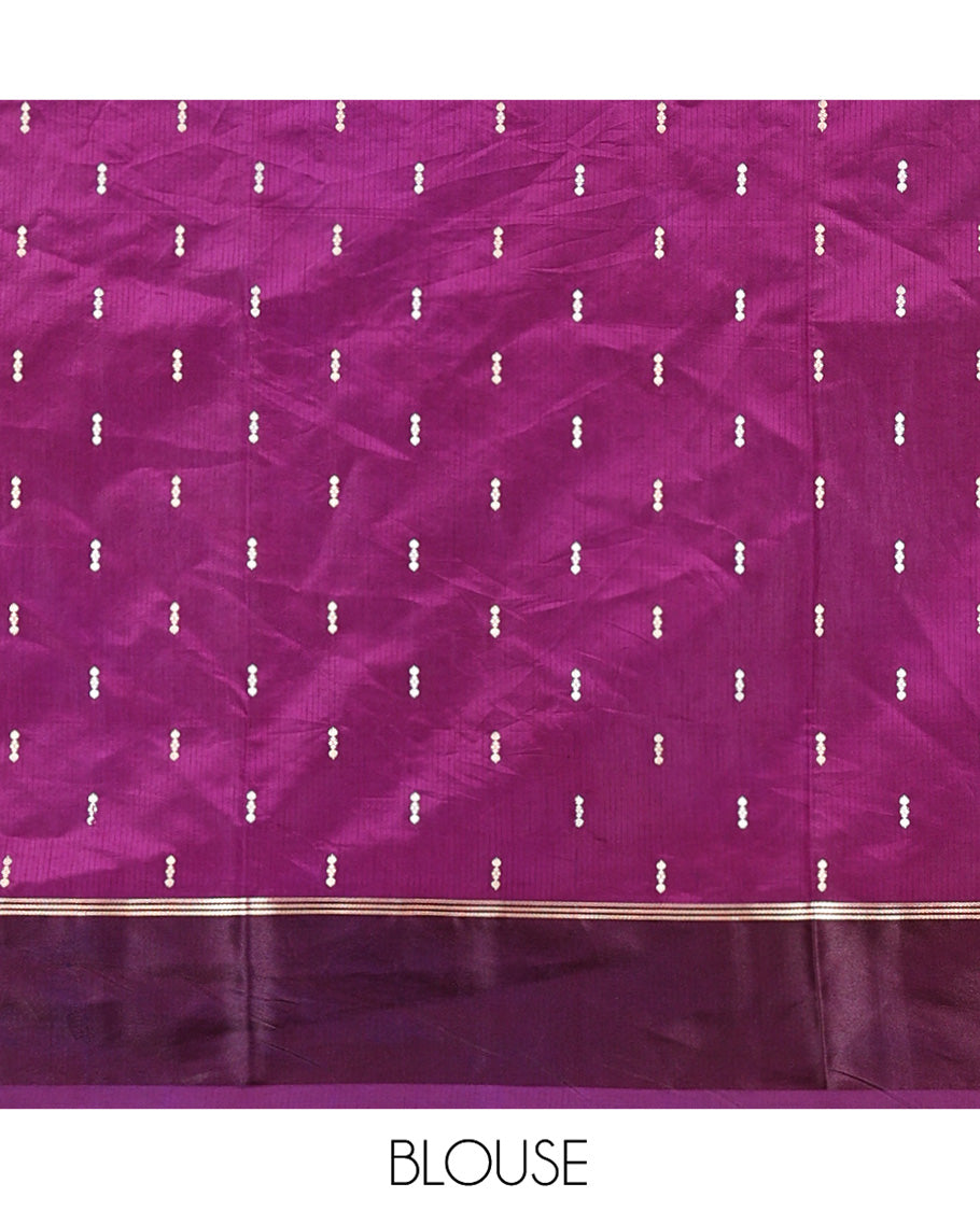 Purple Dupion Silk Saree, Richly Features Vertically Woven Traditional Patterns in Zari, Complemented by Contrast Zari Satin Border, Rich Pallu, and Paired with a Matching Blouse