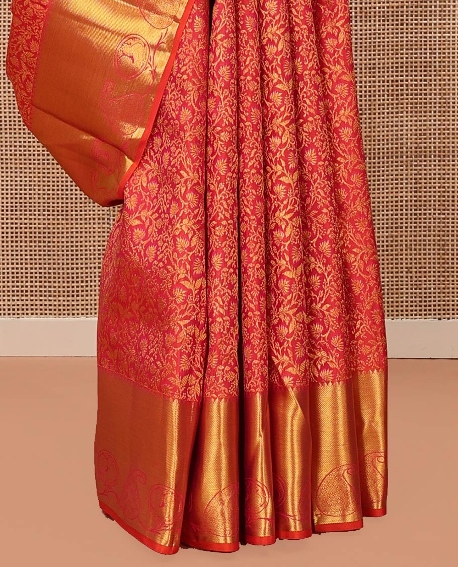 Orange Kanchipuram Wedding Silk Saree, Entralled with Jacquard Design On Its Body, Highlighted by Manga and Mayil Designs, Ogee Patterned Pallu and Paired with a Matching Blouse