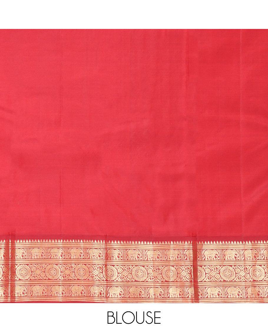Blue Vasundhara Silk Saree, Embellished with Mayil and Yaanai Buttas Across Its Body, Complemented by a Contrast Korvai Border of Rekku, Banaras, Yaanai, and Chakram Designs, Gleaming Jaal Pallu, and Paired with a Contrast Blouse
