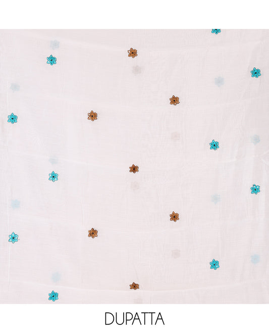 Cream-Brown Mul Chanderi Material Chudidar, Floral Embroidery Top, Matching Bottom, Floral Embroidery Dupatta
