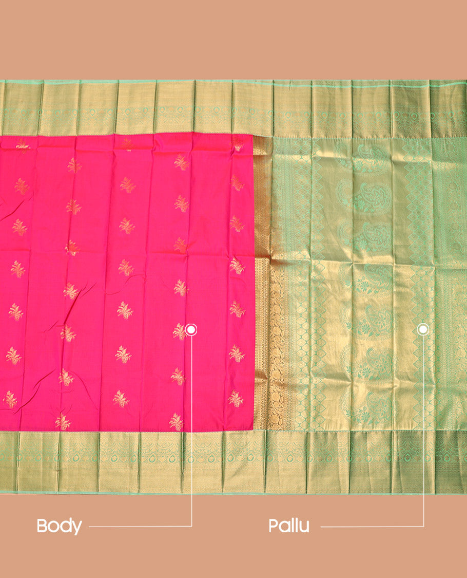 Pink Budget Silk Saree, Richly Detailed with Zari Buttas, Complemented by a Contrast Traditional Zari Border, Intricate Pallu, and a Contrast Blouse