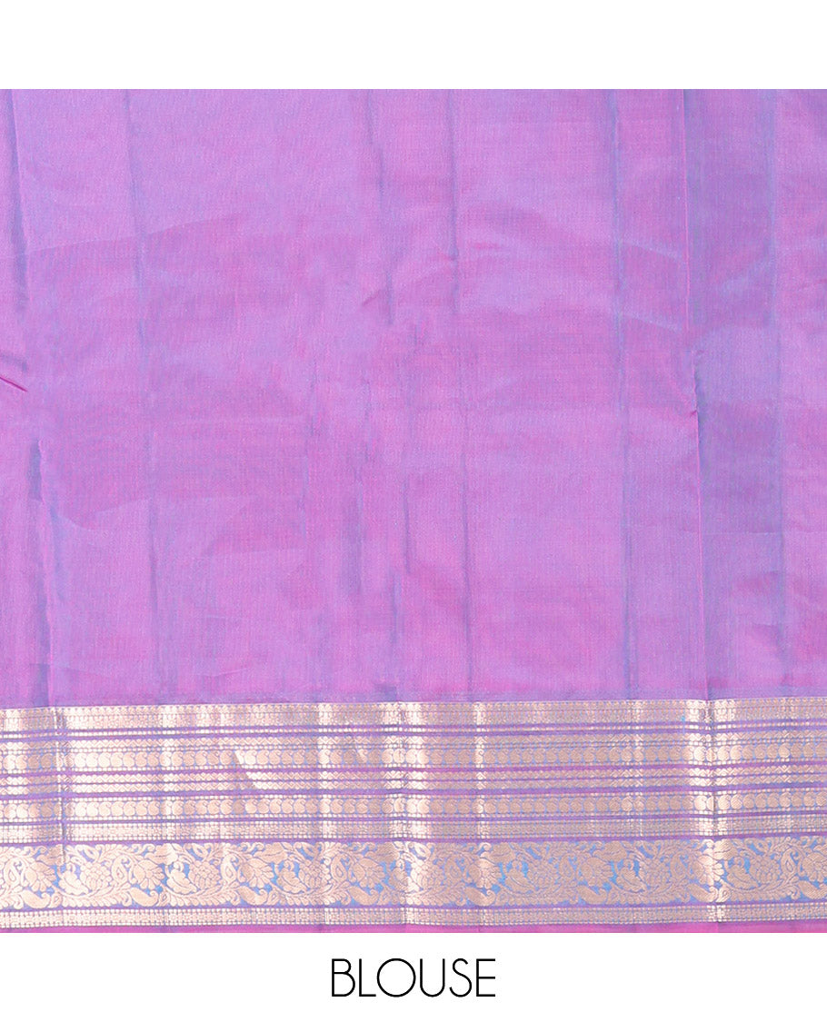 Blue Vasundhara Lite-Silk Mix Saree, Featuring Deer Buttas All Over Its Body, Complemented by a Contrast Border of Thilakam Mokku, Muthu, Kamalam, Neli, Manga, and Kodi Visiry Designs, Opulently Embellished Pallu, and Paired with a Contrast Blouse
