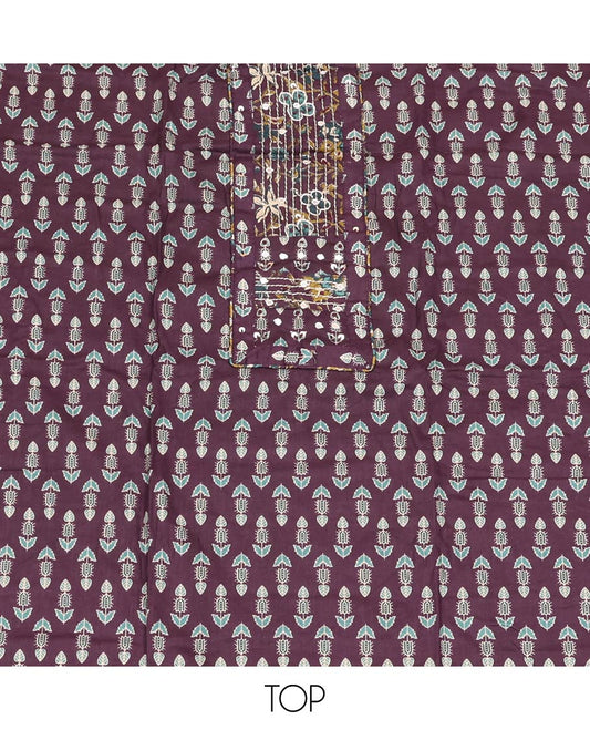 Purple Material Chudidar Set, Ornamented with Floral Block Print and Neck Work Cotton Top, a Floral Printed Cotton Bottom, and Paired with Floral Printed Dupatta
