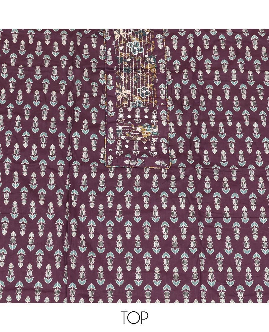 Purple Material Chudidar Set, Ornamented with Floral Block Print and Neck Work Cotton Top, a Floral Printed Cotton Bottom, and Paired with Floral Printed Dupatta