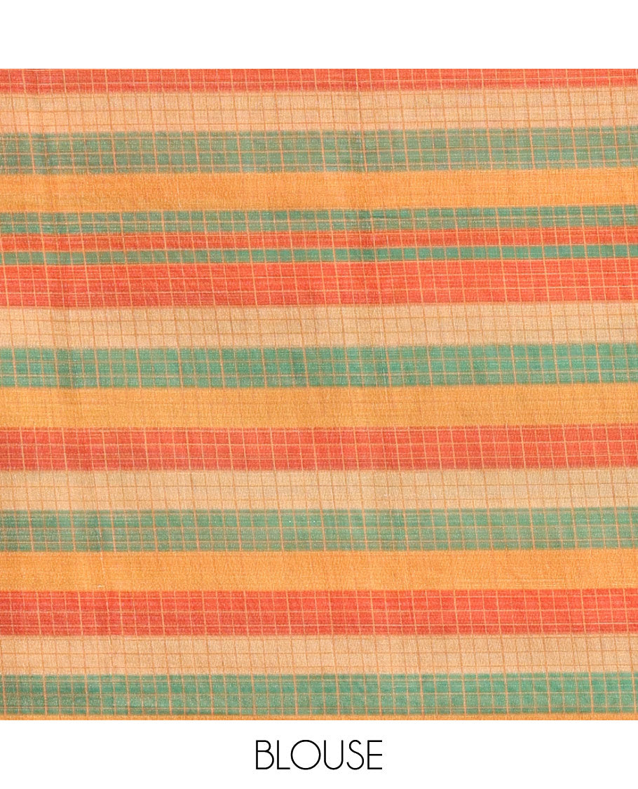 Borderless horizontally striped and checked linen cotton saree, self-pallu, and small checks rainbow theme printed blouse