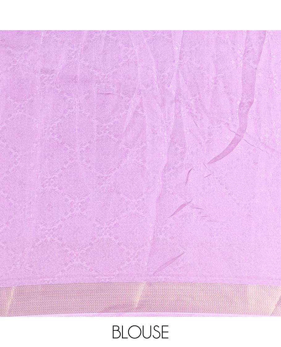 Purple embossed moss chiffon saree, contrast embossed with traditional zari border, jaal pallu, and a contrast blouse