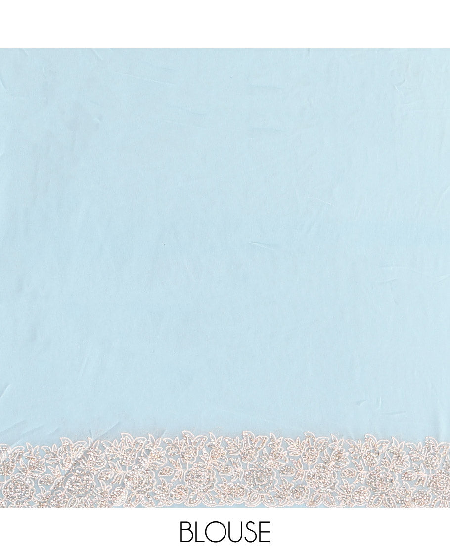Pale Blue Designer Saree, Crafted with Floral-Paisley Embroidery, a Scallop Stone Embroidered Border, and a Matching Blouse