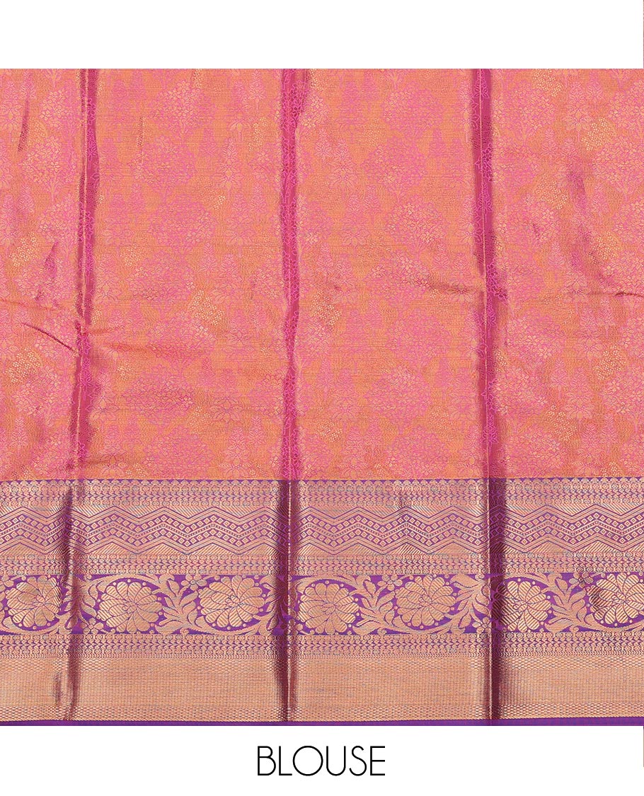 Peach Art Silk Pavadai Material Set, Masterfully Woven with Floral Jacquard on Its Skirt, Complemented by a Contrast Traditional Zari Design Border, and Paired with a Matching Blouse
