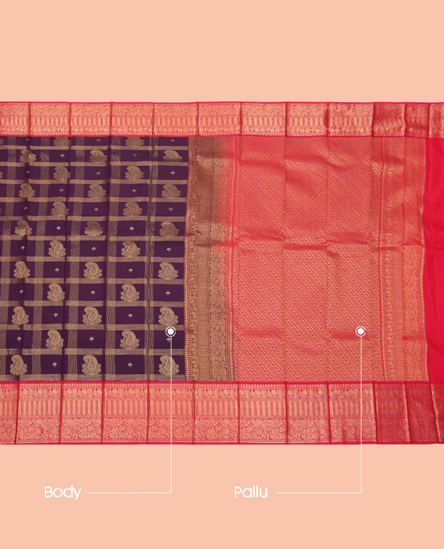 Purple Budget Silk Saree, Embellished with Zari Butta Enclosed Checks, Complemented by a Contrast Traditional Zari Design Border, Grand Pallu, and a Contrast Blouse