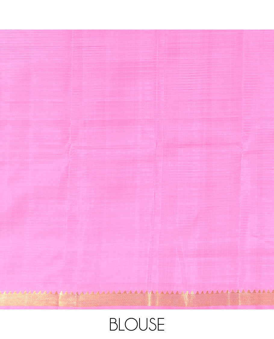 Multi-Color Kanchipuram Silk Saree, Vibrantly Woven with Pazhum Palamum-Style Checks, Subtle Self-Border of Temple Designs, Subtly Zari Striped Pallu, and Paired with a Contrast Blouse