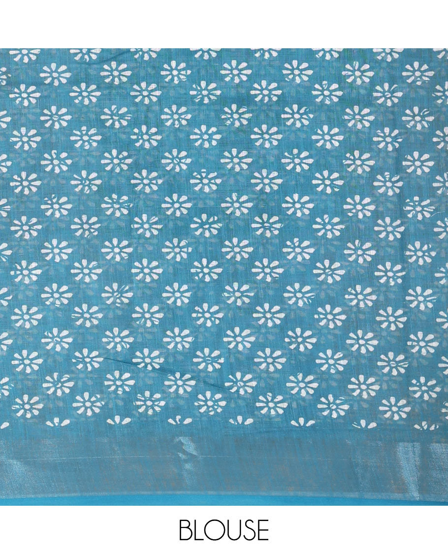 Lavender flower motifs batik printed linen cotton saree, contrast batik printed with zari woven border, batik printed pallu, and a contrast printed blouse