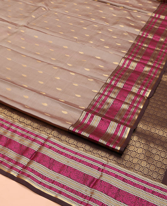 Pale Brown Vasundhara Lite Silk Mix Saree, Accentuated with Zari Buttas on Its Body, Complemented by Contrast Border of Rekku, Muthu, and Kodi Visiry Designs, Grand Pallu Steeped with Poo Chakram Designs, and Paired with a Contrast Blouse