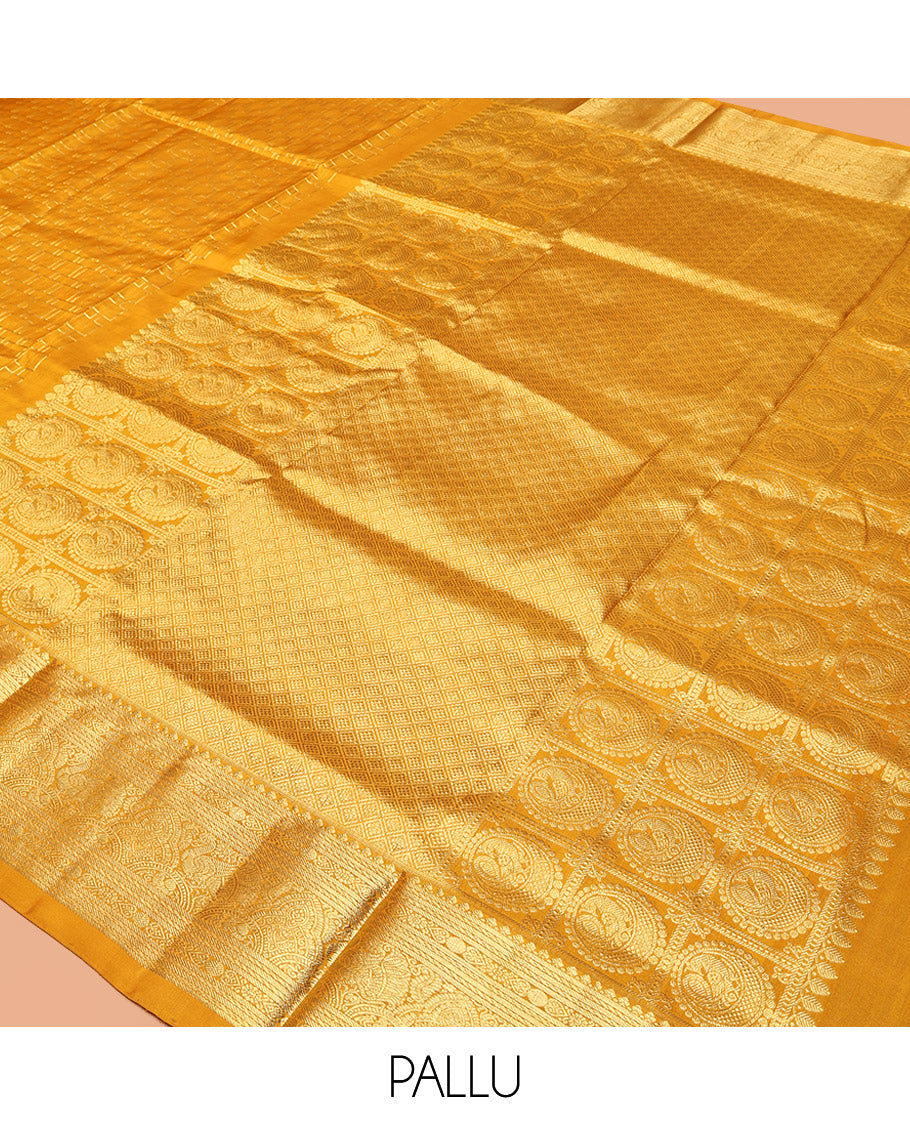 Yellow Venkatagiri Silk Saree, Gleamed Up with Geometric Design All Over Its Body, Highlightad by a Traditional Zari Design Border, Grand Jaal Pallu, and Paired with a Matching Blouse