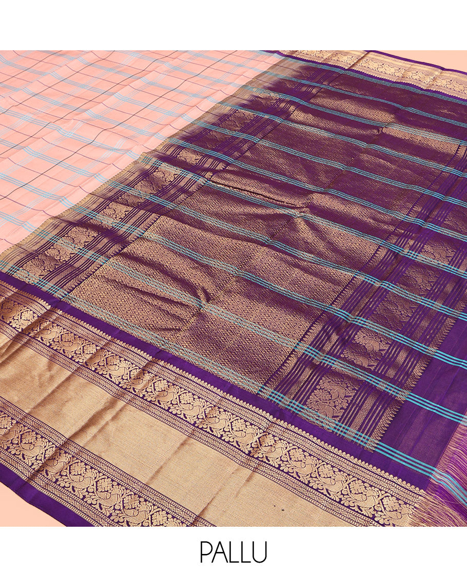 Peach Checked Kanchipuram Silk Saree, Complemented by a Contrast Traditional Border of Mayil Designs, Jaal Pallu, and a Contrast Blouse