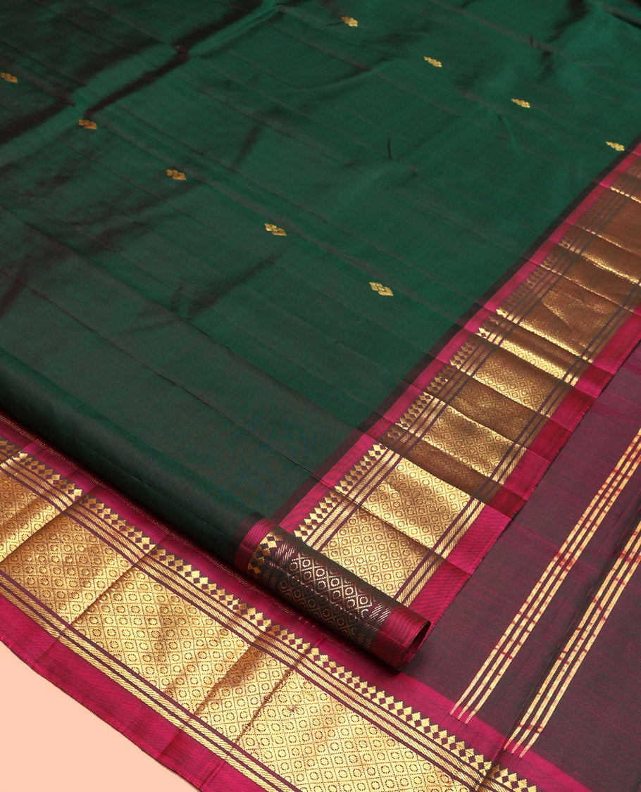 Green Kanchipuram Silk Saree, Enthralled with Zari Buttas, Contrast Border of Paneer Sombu, Banaras, and Jaal, Pallu of Floral Creeper Design, and No Blouse