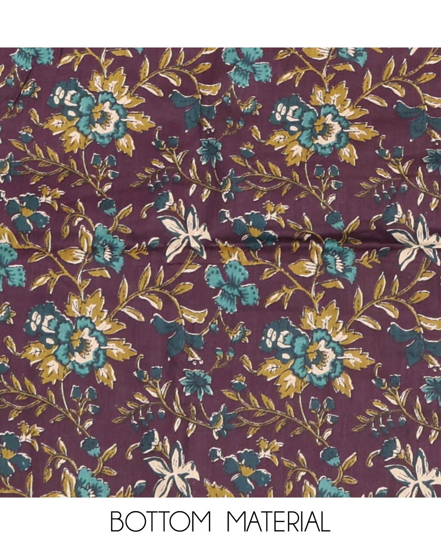 Purple Material Chudidar Set, Ornamented with Floral Block Print and Neck Work Cotton Top, a Floral Printed Cotton Bottom, and Paired with Floral Printed Dupatta