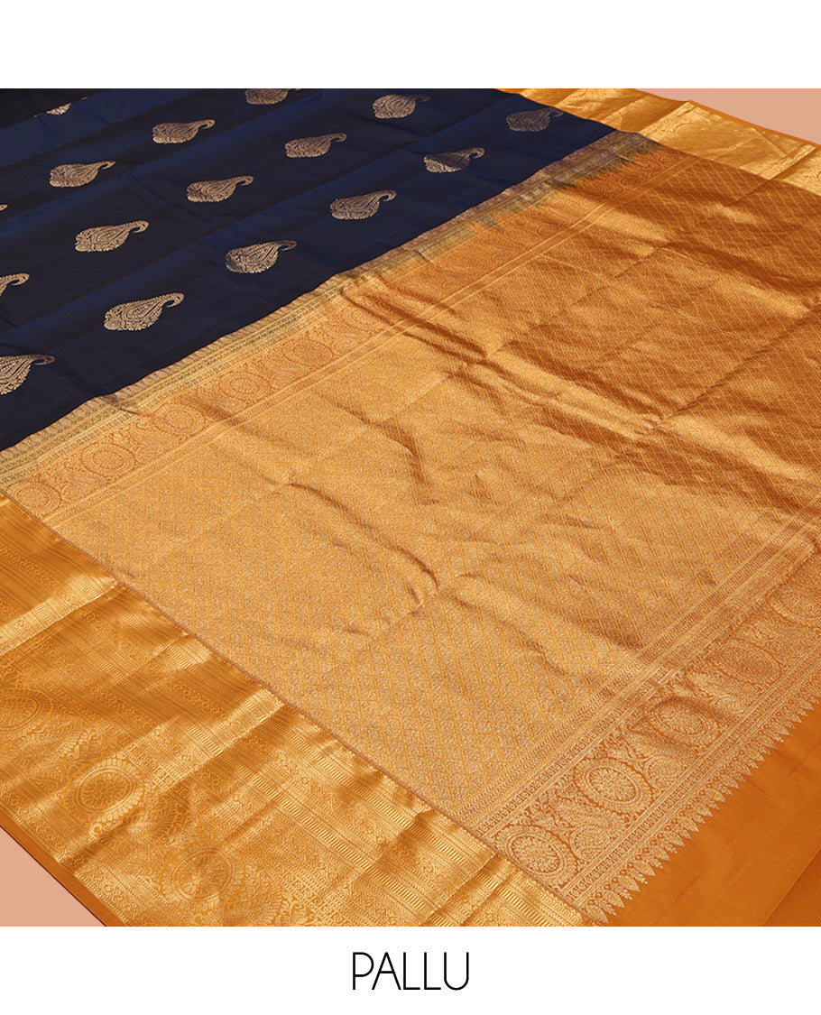 Blue Vasundhara Lite-Silk Mix Saree, Adorned with Manga Zari Buttas, Complemented by a Contrast Traditional Zari Border, Grand Pallu, and a Contrast Blouse