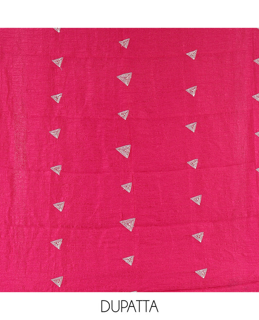 Magenta Vichitra Silk Material Chudidar Features a V-Neck Thread-Sequined Top, a Plain Bottom, Matching Thread-Sequined Dupatta