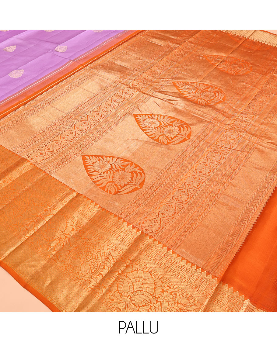 Lavender Vasundhara Silk Saree, Woven with Zari Buttas, Contrast Traditional Zari Border, Grand Pallu, and a Contrast Blouse