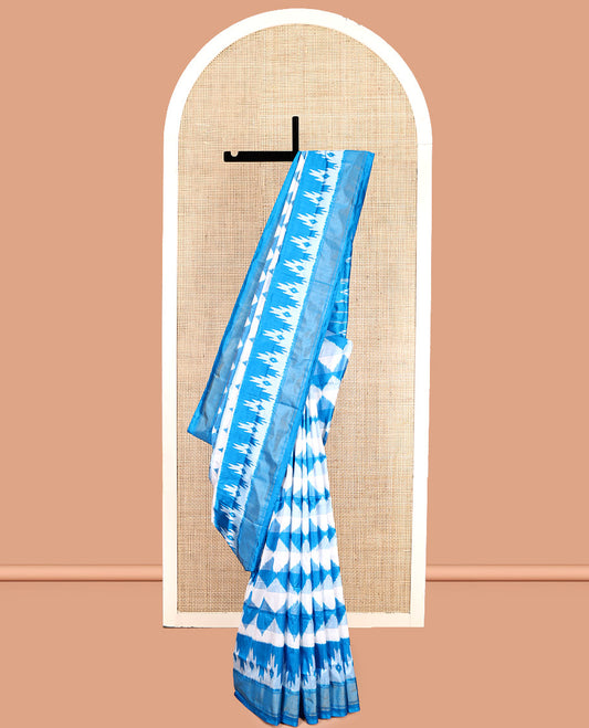 Blue Pochampally Ikat Silk Saree, Adorned with Triangle Motifs, Highlighted by a Self-Border, Ikat Jaal Pallu, and Matching Blouse