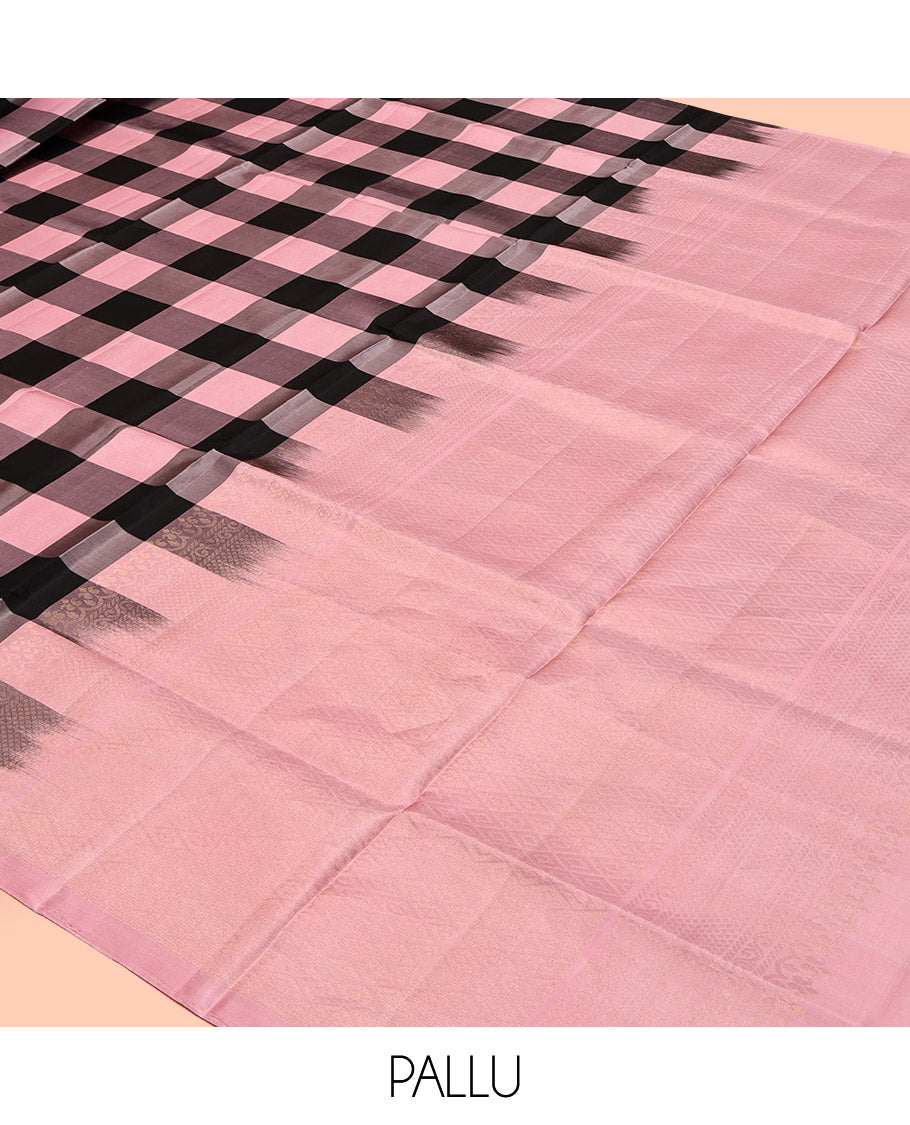 Borderless Black-Pink Mayuri Soft Silk Saree, Majestically Detailed with Checks, Contrast Border of Mayil Designs, Sparsely Woven Jaal Pallu, and a Contrast Blouse