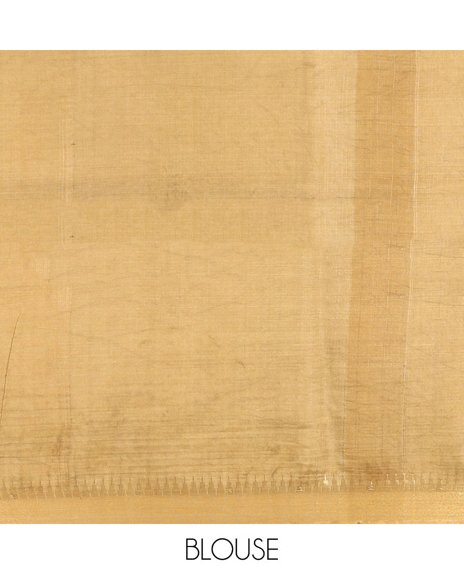 Sandal Banana Pith Saree, Sparsely Threaded with Buttas and Stripes, a Zari Temple Border, Striped Pallu, and Matching Blouse