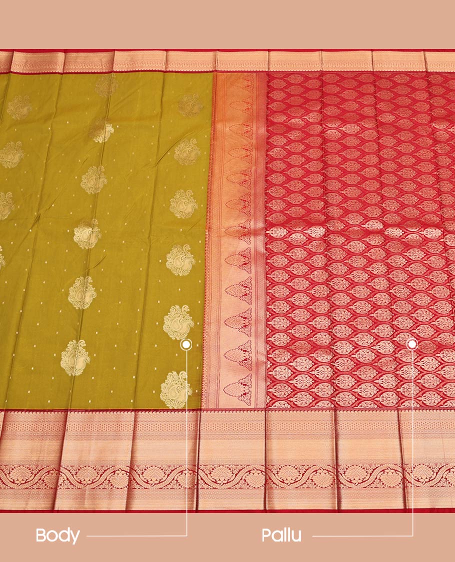 Green Budget Silk Saree, Gleamed Up with Zari Buttas on Its Body, Complemented by a Contrast Traditional Zari Border of Floral Creeper Designs, Intricately Designed Pallu, and Paired with a Contrast Blouse
