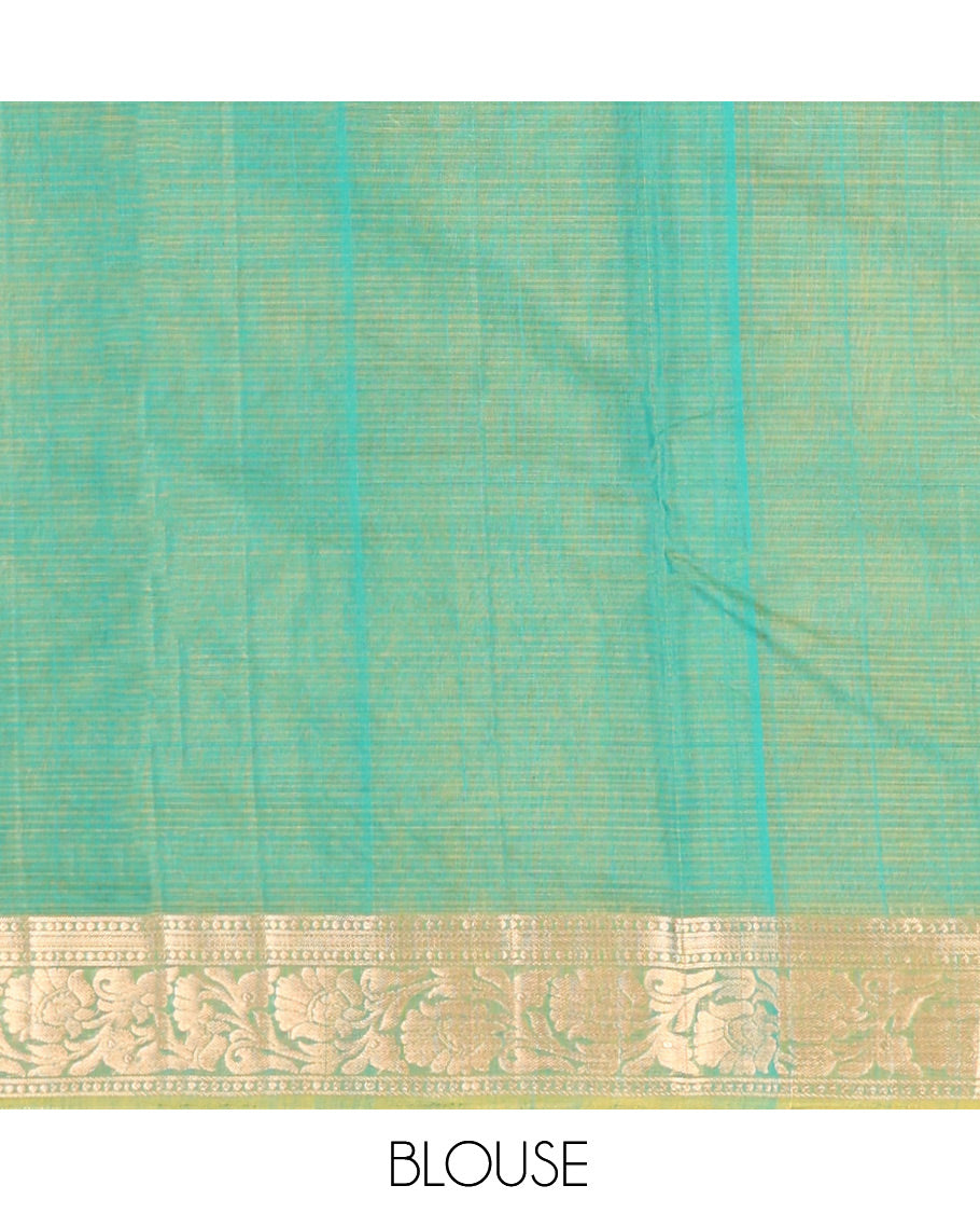 Green Silk Cotton Saree, Detailed with Buttas, Complemented by Contrast Floral Creeper Border, Pallu of Floral Designs, and Contrast Blouse
