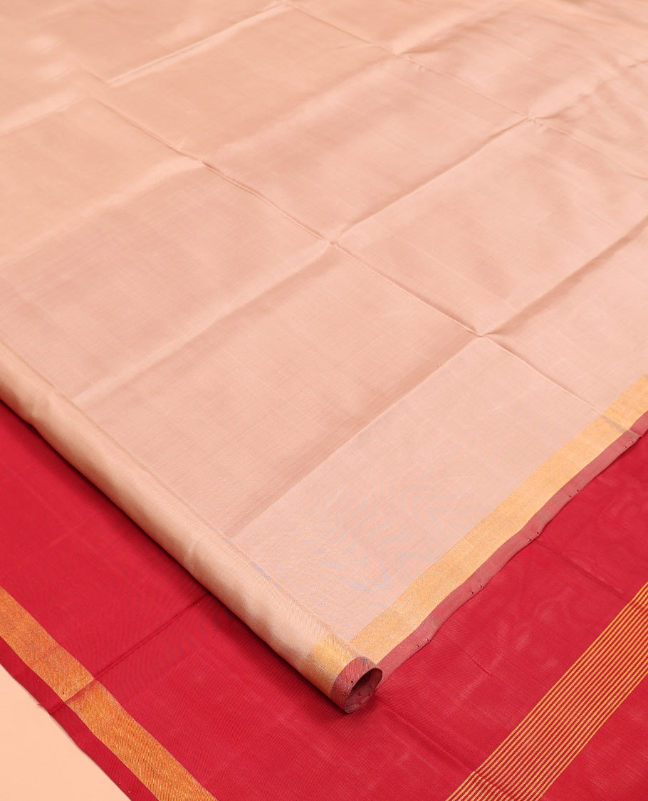 Peach Plain Uppada Silk Saree, Complemented by Contrast Bavanji Border, Plain Pallu and Contrast Blouse