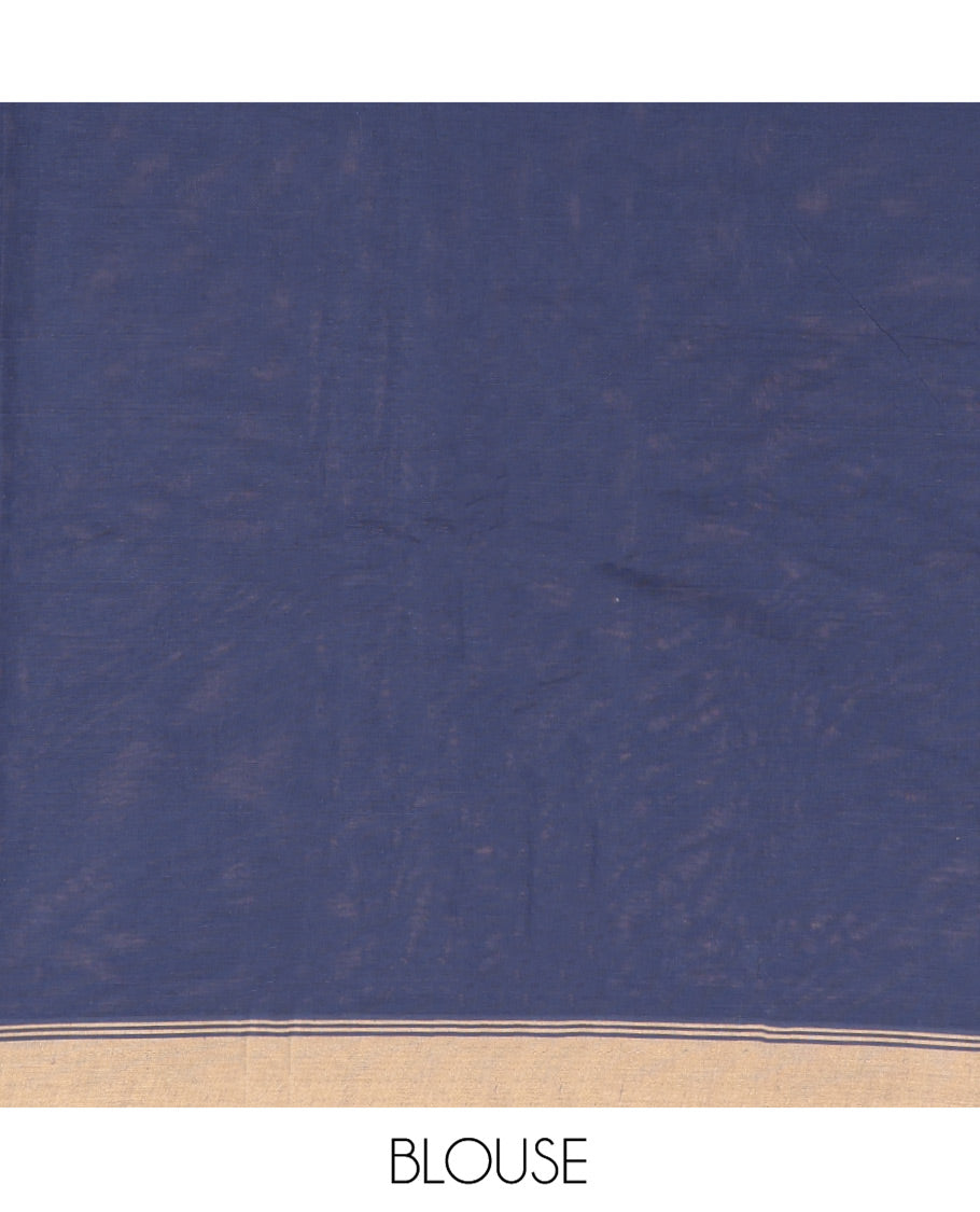 Navy Blue Kanchi Cotton Saree, Ornamented with Buttas All Over Its Body, Complemented by a Contrast Border, Pallu of Intricate Design, and Paired with a Matching Blouse