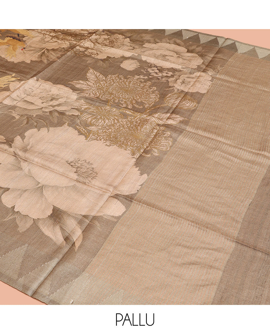 Pale Brown Tussar Silk Saree, Embellished with Floral and Bird Print on Its Body, a Temple Border, Striped Pallu, and Paired with a Matching Blouse