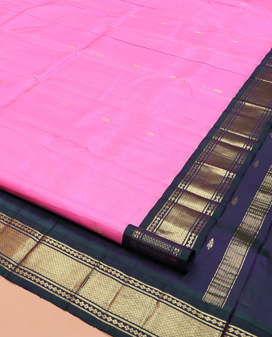 Pink Kanchipuram Silk Saree, Beautified with Zari Buttas on Its Body, Complemented by a Contrast One-Sided Korvai Border of Banaras, Lavangam, and Mayil Kann Designs, Pallu of Zari Designs, and Comes Without a Blouse