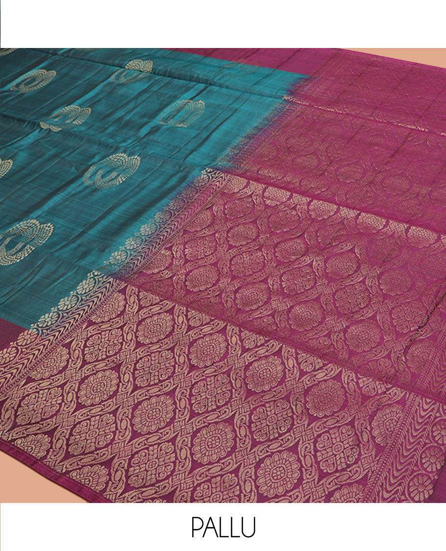 Blue Uppada Silk Saree, Styled with Zari Buttas, a Contrast Zari Buttas Border, Intricate Pallu, and a Contrast Blouse