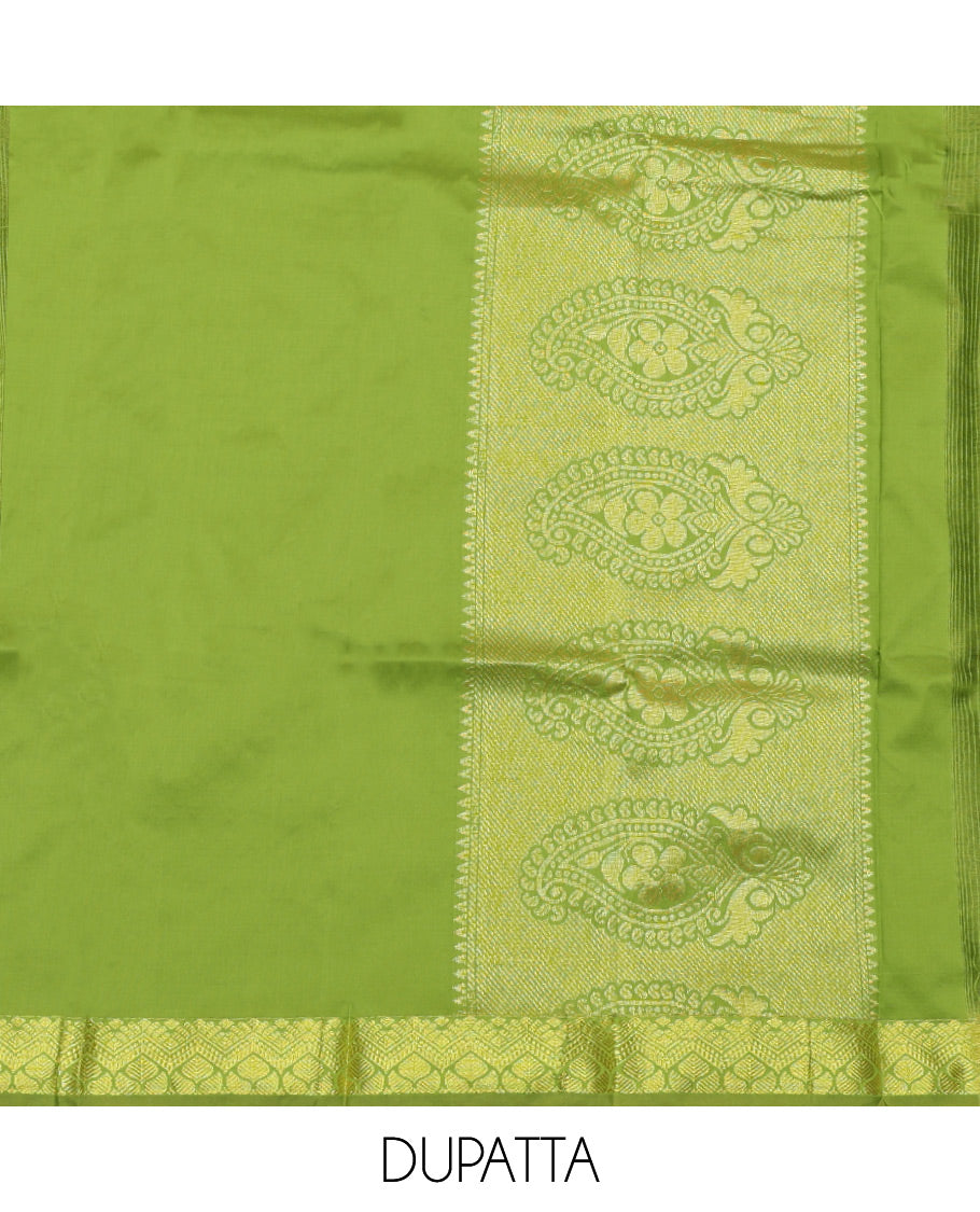 Grey and Green Art Silk Material Half-Saree Set, Woven with Jacquard Design Skirt, Complemented by Captivating Contrast Traditional Zari Designs Woven Border, Paired with a Contrast Blouse and Comes with a Paisley Designs Woven Dhavani