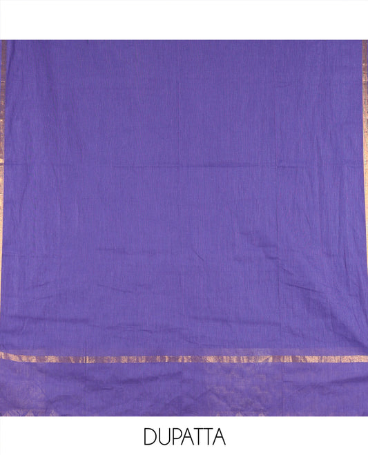 Green Handloom Cotton Material Chudidar, Plain and Contrast Traditional Zari-Bordered Top, a Contrast Plain Bottom, and Contrast Dupatta
