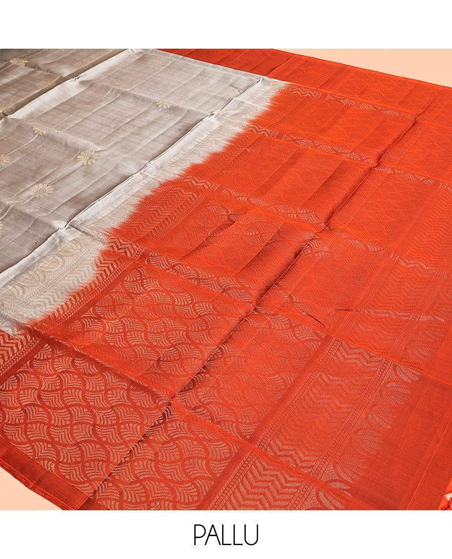 Grey Mayuri Lite Silk Mix Saree, Subtly Sparkled With Floral Stripes, Complemented by Contrast Border, Sparsely Woven Pallu and a Contrast Blouse