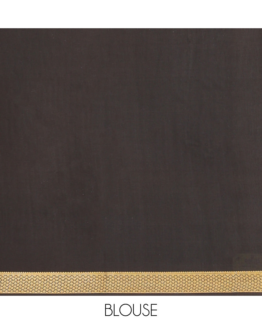 Orange Mysore Silk Saree, Enthralled with Zari Checked Design on Its Body, Complemented by a Contrast Traditional Zari Design Border, Sparsely Woven Pallu of Stripes, and Paired with a Contrast Blouse
