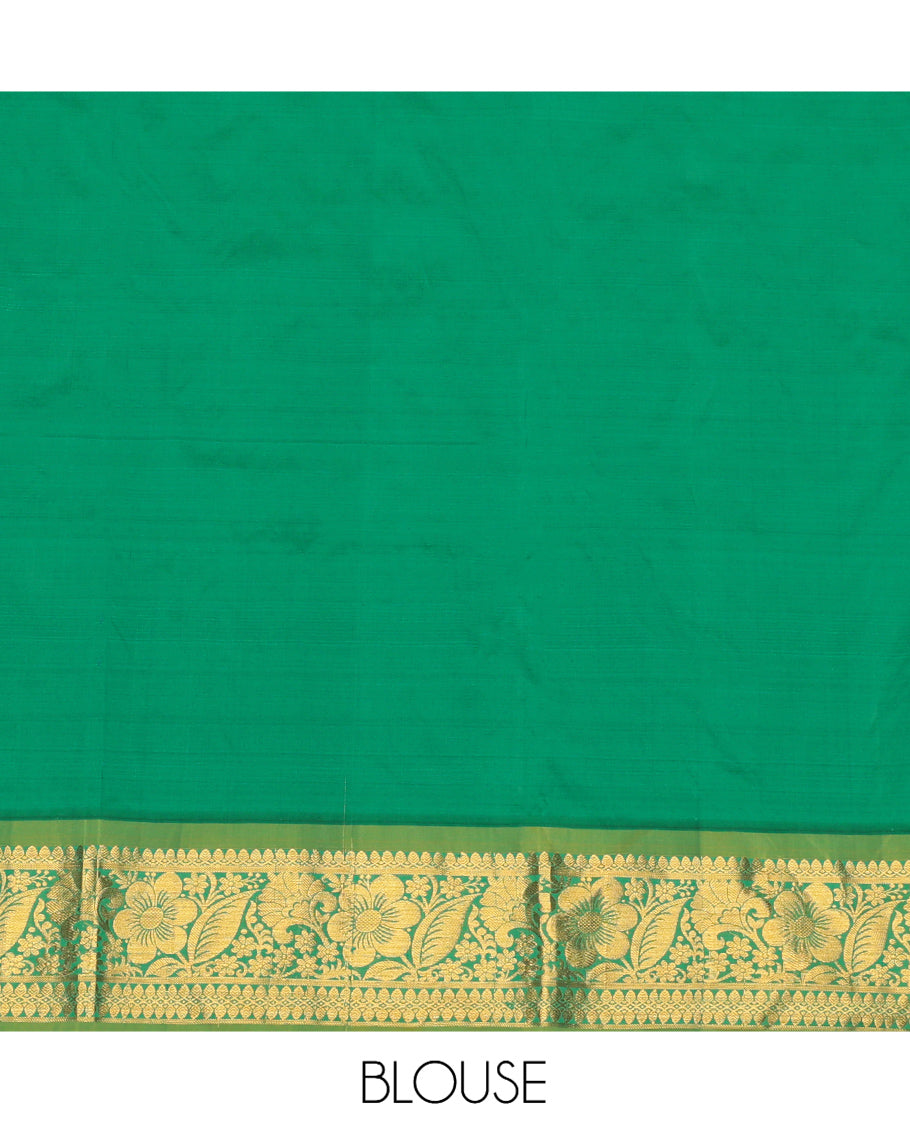 Green Art Silk Pavadai Material Set, Decked Up with Zari Designs on Its Skirt, Complemented by a Contrast Paisley-Floral Zari Border, and a Matching Blouse
