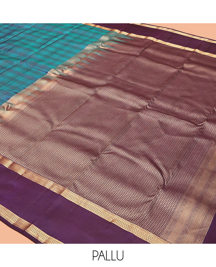 Blue Vasundhara Lite Silk Mix Saree, Embellished with Checks, Complemented by a Contrast Traditional Zari Rettai Pettu Border, Zari Design Pallu, and a Contrast Blouse
