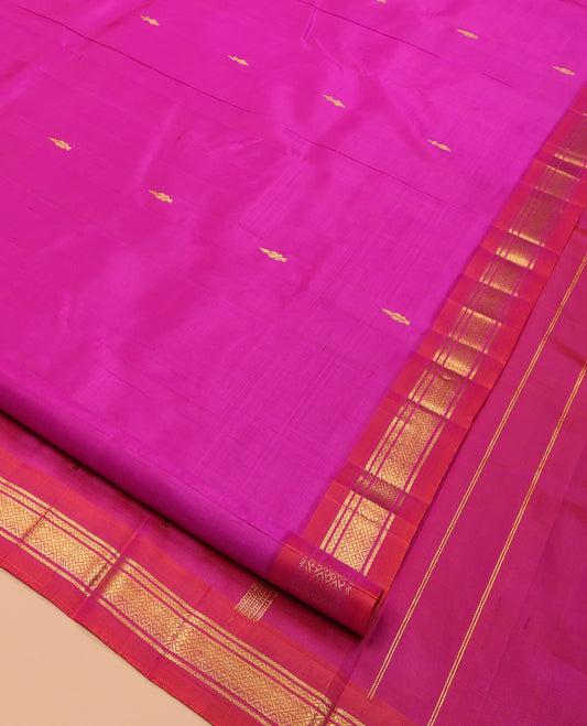 Pink Kanchipuram Silk Saree Featuring Zari Buttas, Complemented by a Contrast One-Sided Border of Banaras, and Jaal Design, Zari Design Pallu, and a No Blouse