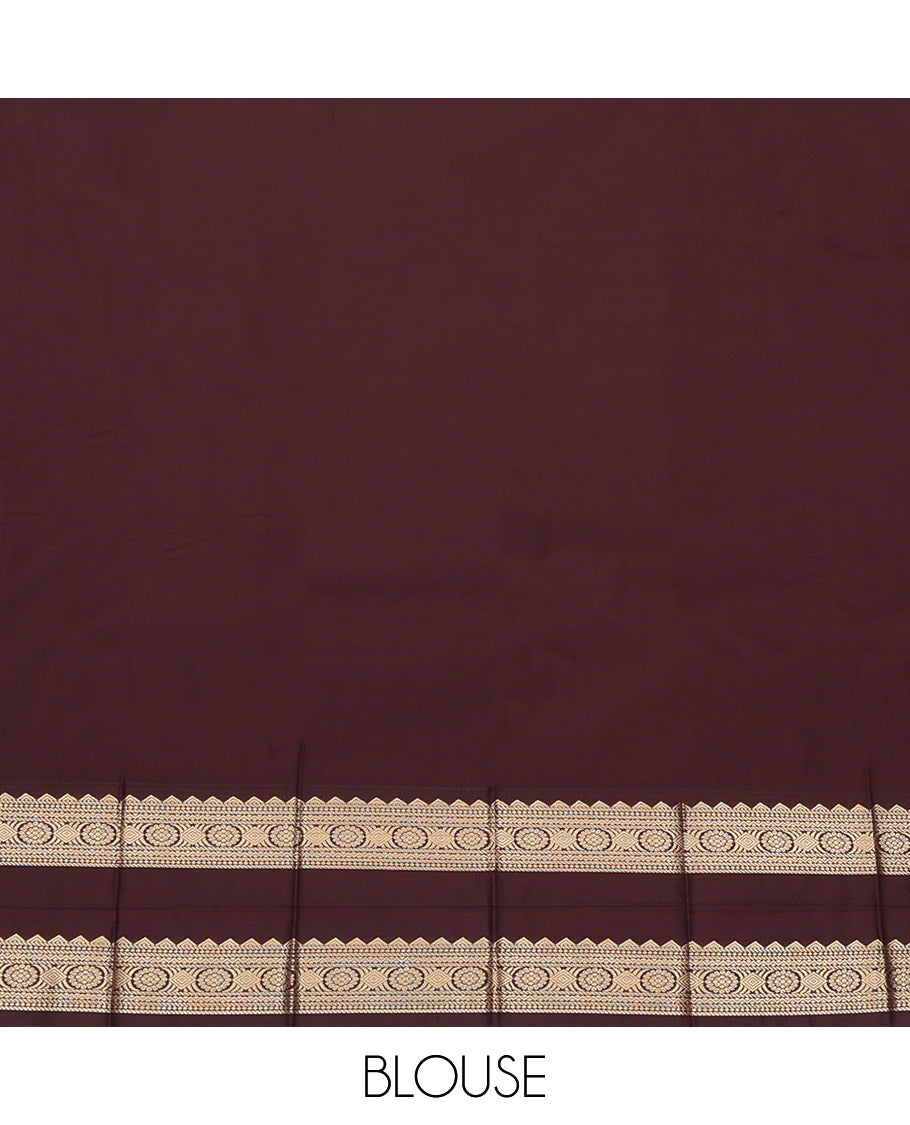 Pink-Orange Budget Silk Saree, Embellished with Zari Buttas, Complemented by a Contrast Traditional Zari Rettai Pettu Border, Jaal Pallu, and a Contrast Blouse